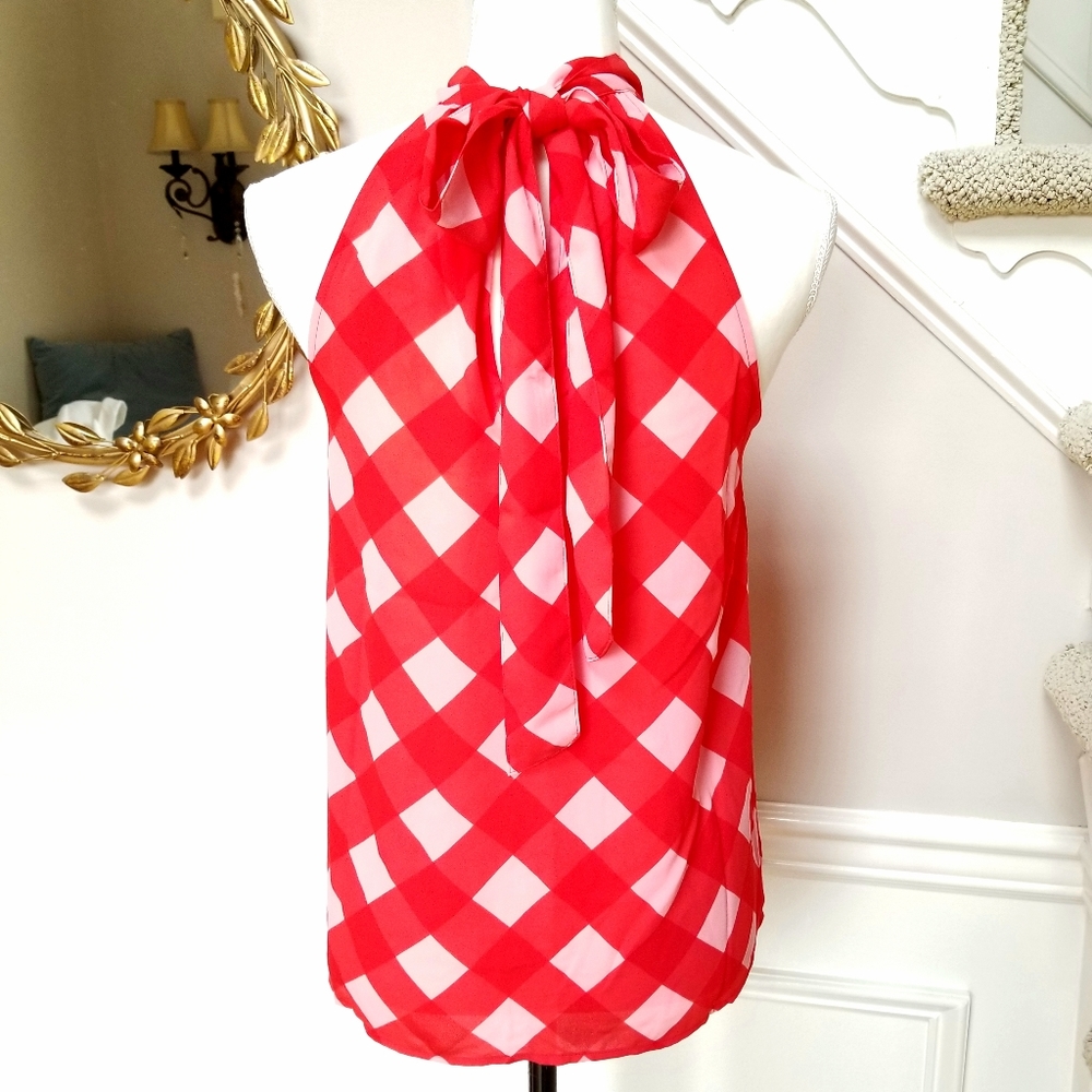 🆕️ J CREW RED GINGHAM TIE NECK TOP BLOUSE - Picture 3 of 6